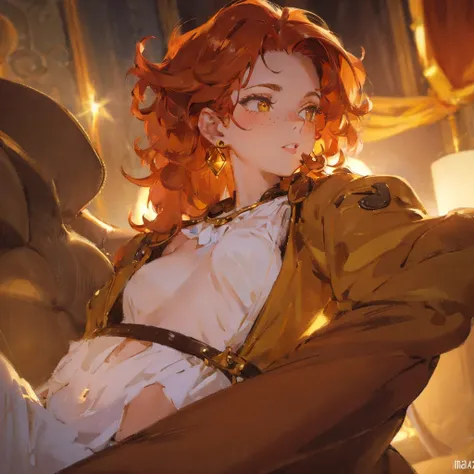 glamour shot of a woman winking, with curly red hair, simmetric (amber) eyes, (freckles), glossy lips, gold earrings, beautiful lights, iper-realistic, masterpiece, cinematic lighting, best quality, anatomically perfect.