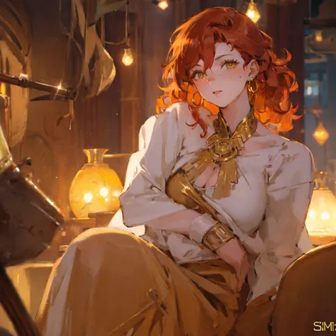 glamour shot of a woman winking, with curly red hair, simmetric (amber) eyes, (freckles), glossy lips, gold earrings, beautiful lights, iper-realistic, masterpiece, cinematic lighting, best quality, anatomically perfect.