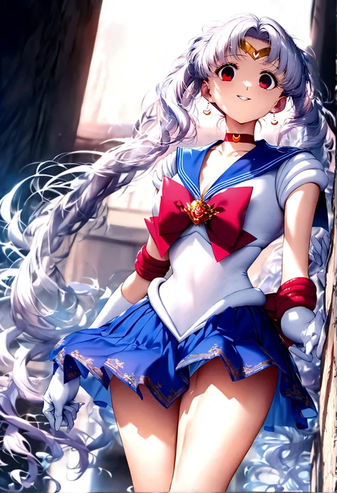 (masterpiece, Highest quality, so beautiful, Super detailed), Intricate details, 12k, Honestly, Long Hair, Double Bang, Twin tails, Parted bangs, tiara, Earrings, red eyes, Red choker, Blue sailor collar, Red Bow, White shirt, Elbow hand pockets, White glo...