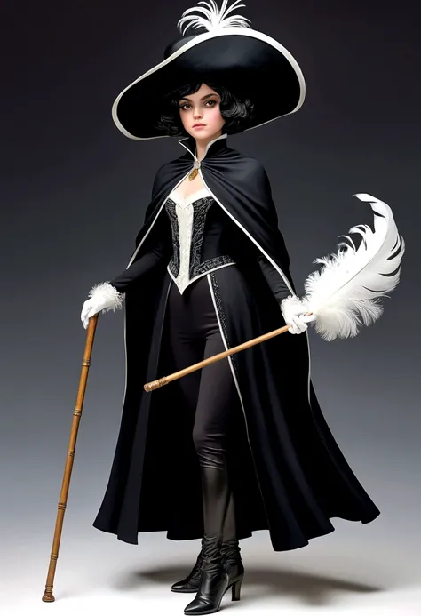 Girl,short hair,black cavalier hat with a white feather,black capelet,holding a cane