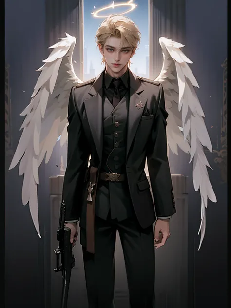 masterpiece, best quality, high quality, CG, 8K, 1 mature male, masterpiece, Halo，Angel Wings，gun，stand，