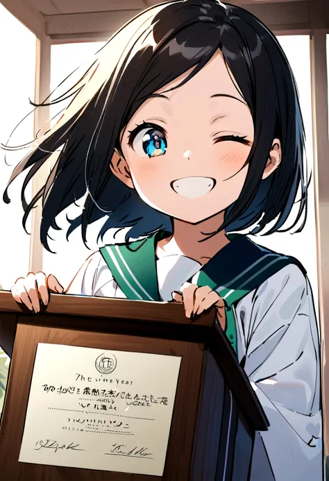 A twelve year old girl,with black short hair(no bangs), standing in a podium holding a with honors certificate,smiling happily her eyes closed, wearing graduation clothes