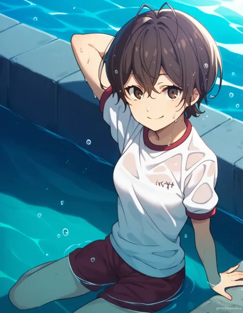 score_9, score_8_up, score_7_up, score_6_up, score_5_up, score_4_up, source anime, miwa, looking at viewer, small breasts, smile, gym shirt, gym shorts, wet shirt, partially submerged, water, arms behind back, water drop,