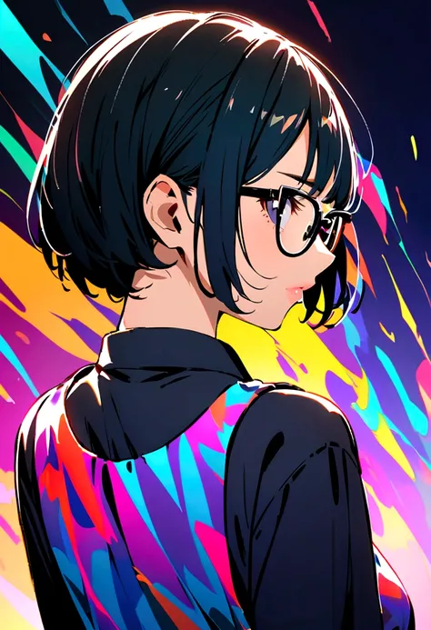 A girl with black short hair(no bangs), wearing glasses,has dark circles under her eyes. (Back facing)