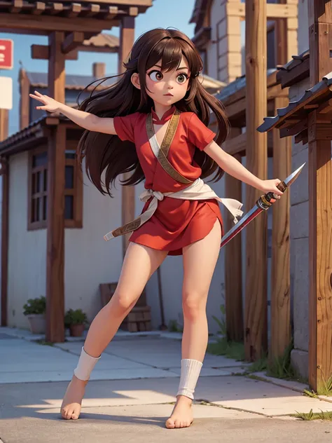 one,8k highly detailed, casual games, 3d art style, full body photo,kungfu,big eyes,brown hair,cute,red kungfu uniform,red decor...