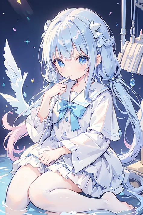 A magical girl with a mermaid motif、Highest quality、Loriータ、Confused eyes、Primary school students、small、Lori、Young Girl、Water Manipulation Magic、Magical girl who controls water、beautiful girl、cute、Full-body portrait、light blue、Have a koto、Playing the lyre、C...