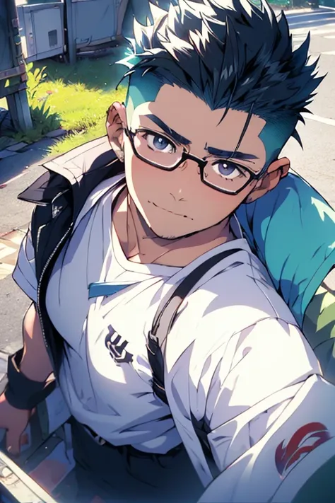 ((Highest quality)), ((masterpiece)), (detailed), Highest quality、High resolution、８K、One adult male、Japanese anime-like style、超High resolutionかわいい萌えアニメ8k、handsome face manly、undercut, Short Hair、Dark Eyes、Black Hair、Fake Hawk、Wear glasses、 Slender and musc...