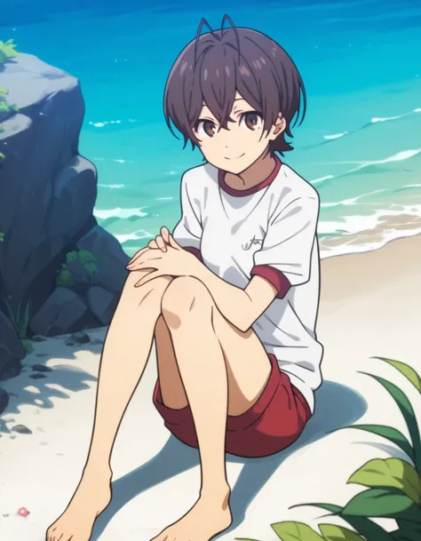 score_8_up, score_7_up, score_6_up, score_5_up, source anime, miwa, looking at viewer, small breasts, smile, gym shirt, gym shorts, sitting on beach, knees up,