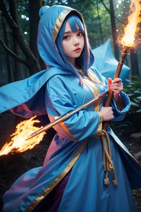 Anime illustration style, light blue hair, long hair, large eyes, small mouth, 16-year-old cute girl, wearing a navy blue hooded robe, hood not covering, background is forest, weapon is spear, full body image using fire magic