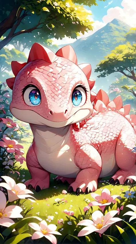 Pink dinosaur, silky smooth dinosaur skin, pink scales, large and bright eyes, gentle gaze, grassy background, sunny day, surrounded by small flowers, dinosaur smiling, dreamlike setting, rich in details, high resolution