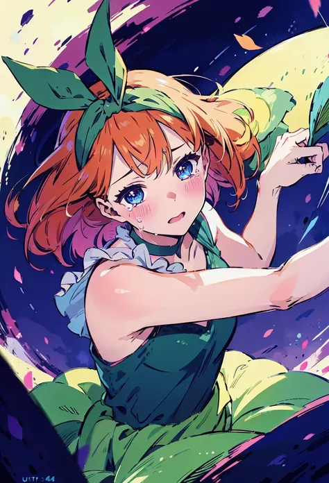 Yotsuba Nakano, short orange hair, green ribbon,, 4k, extremely fine illustration, cowboy shot, tears,, sfw, crying, dynamic pose, interesting pose, expressive face, silky pretty dress,flowing dress, wind, extremely fine and beautiful, super fine illustrat...