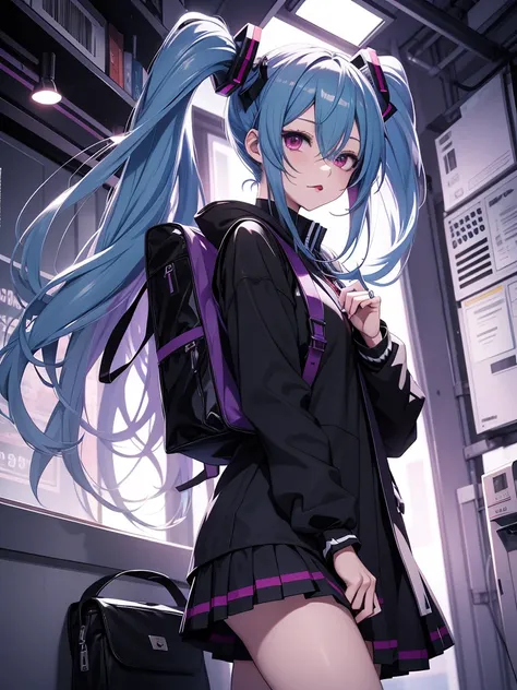 hatsune miku, emo, goth, black and purple hair, red eyes, school wear, showing the tongue