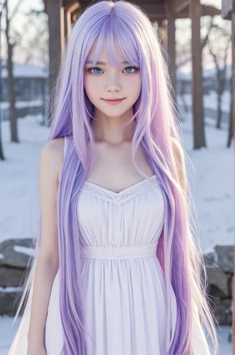 A beautiful, young girl with white hair that fades from the shoulders to pink, violet and light blue at the tips,with loose and long hair it is straight but wavy at the ends,with messy medium bangs,Snow white skin,sharp but innocent eyes at the same time, ...