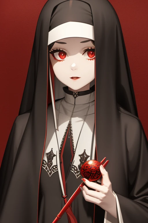 Zoe Benson from American Horror Story 20s Vampire long curly hair vintage pointy ears red eyes Gothic nun clothing black vintage decorations Steampunk holding a staff with a sphere of blood looking directly at the viewer red background