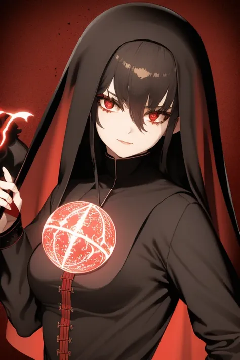 Zoe Benson from American Horror Story 20s Vampire long curly hair vintage pointy ears red eyes Gothic nun clothing black vintage decorations Steampunk holding a staff with a sphere of blood looking directly at the viewer red background