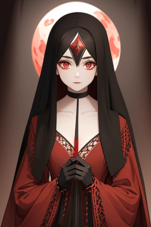 Zoe Benson from American Horror Story 1920s Vampire long curly hair vintage pointy ears red eyes Gothic nun clothing black vintage decorations Steampunk holding a blood moon mirror looking directly at viewer red background