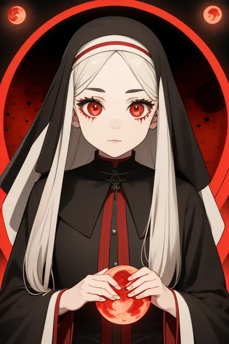 Zoe Benson from American Horror Story 1920s Vampire long curly hair vintage pointy ears red eyes Gothic nun clothing black vintage decorations Steampunk holding a blood moon mirror looking directly at viewer red background