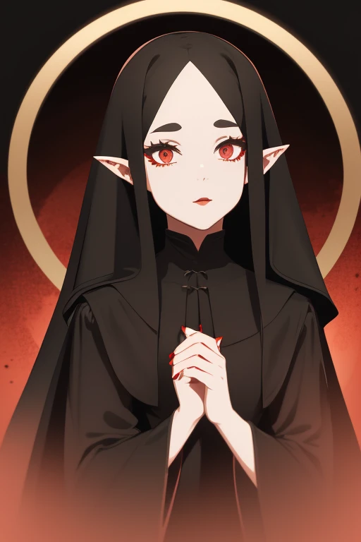 Zoe Benson from American Horror Story 1920s Vampire long curly hair vintage pointy ears red eyes Gothic nun clothing black vintage decorations Steampunk holding a blood moon mirror looking directly at viewer red background