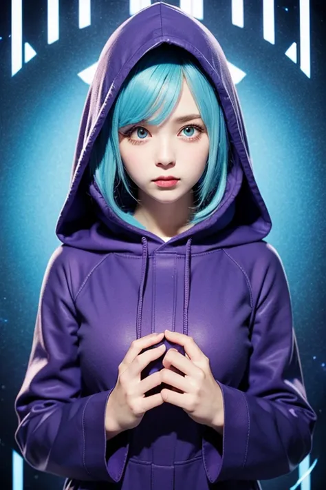 Anime illustration style Light blue hair, long hair Large eyes, small mouth, cute face Purple eyes A cute girl aged 16 Bust is very large Occupation: daughter of nobility Clothes: navy blue hooded robe (hood not covered) Background: prison Full body image ...