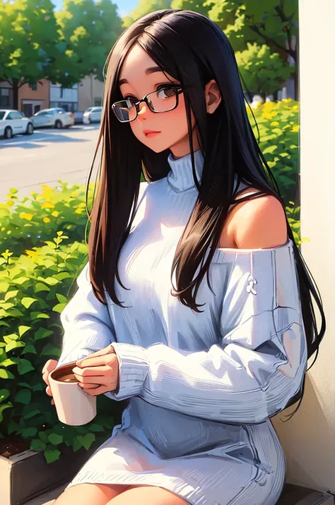 ((best quality)), ((masterpiece)), (detailed), 1 Girl, Tranquility，cold，White Off-The-Shoulder Sweater, Black long straight hair，Oval rimless glasses，Cross-issued cards，Coffee in hand，D cup