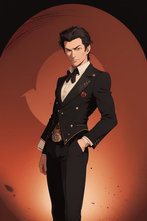 Hugh Jackman from wolwerine 40 years Vampire short black hair vintage pointed ears red eyes Stempunk hunter clothing black vintage decorations Steampunk holding a blood moon mirror looking directly at the viewer red background