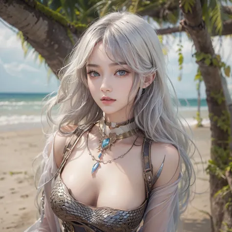 (masterpiece:1.3), (8K, Realistic, RAW Photos, Best image quality: 1.4), Fair-skinned fairy woman、Long Hair、Cleavage:2.0、Highly detailed face、Attention to detail、double eyelid、Chest to chest、Sharp focus:1.2、Beautiful woman:1.4、Silvery white hair、Highest qu...