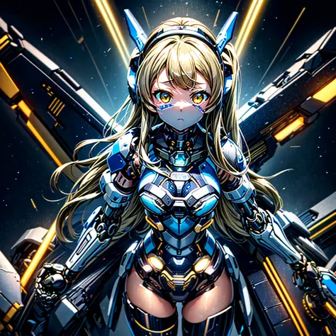 masterpiece, high quality, cyborgization、destroyed gynoid cyborg body、the face is of minami kotori.、mechanical parts、blue and wh...