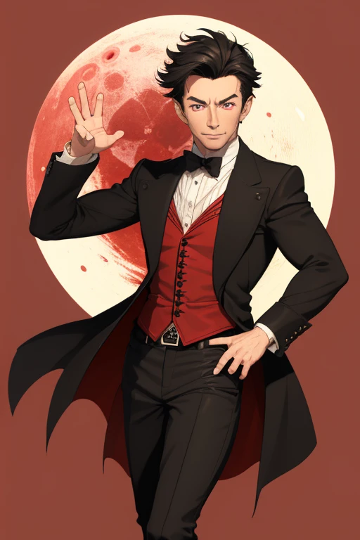 Hugh Jackman from wolwerine 40 years Vampire short black hair vintage pointed ears red eyes Stempunk hunter clothing black vintage decorations Steampunk holding a blood moon mirror looking directly at the viewer red background