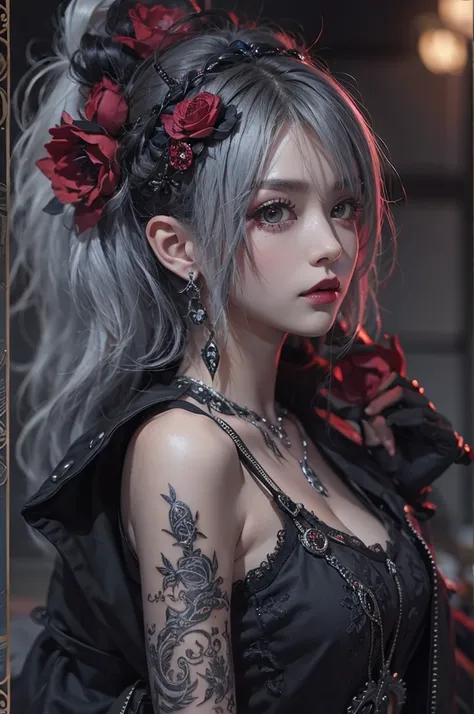 Highest quality、8K、masterpiece：1.3、Gothic Punk、The inner color is red、Gray Black Hair、hair ornaments、beautiful girl、creative、Punk Shirt、Neogoth、Goth Fashion：1.2、High resolution、masterpiece、Highest quality、頭w:1.3、((Hasselblad Photos))、Fine skin、Sharp focus、...