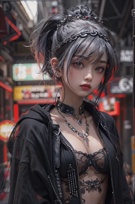 Highest quality、8K、masterpiece：1.3、Gothic Punk、The inner color is red、Gray Black Hair、hair ornaments、beautiful girl、creative、Punk Shirt、Neogoth、Goth Fashion：1.2、High resolution、masterpiece、Highest quality、頭w:1.3、((Hasselblad Photos))、Fine skin、Sharp focus、...