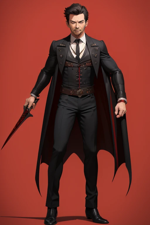 Hugh Jackman from Wolwerine 40 years old Black vampire short hair red vintage vest with black pointed ears red eyes black pants Stempunk Steampunk clothing black vintage decorations Steampunk holding a blood sword looking directly at the viewer red backgro...