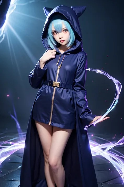 Anime illustration style, light blue hair, long hair, large eyes, small mouth, cute face, purple eyes, 16-year-old cute girl, very large bust, profession magician, navy blue hooded robe, no hood on, dark corridor style background, full body image using mag...