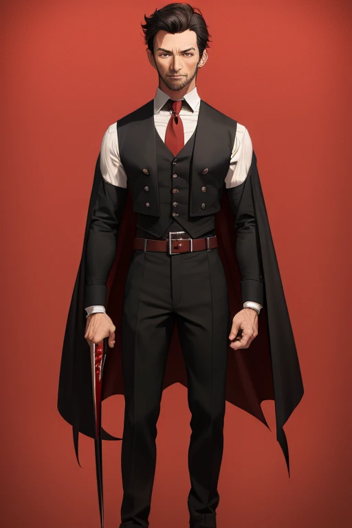 Hugh Jackman from Wolwerine 40 years old Black vampire short hair red vintage vest with black pointed ears red eyes black pants Stempunk Steampunk clothing black vintage decorations Steampunk holding a blood sword looking directly at the viewer red backgro...