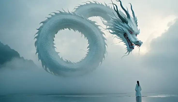 a white chinese dragon looks down at a woman on a foggy lake. clouds, thick fog, symmetrical composition, a woman in a white rob...