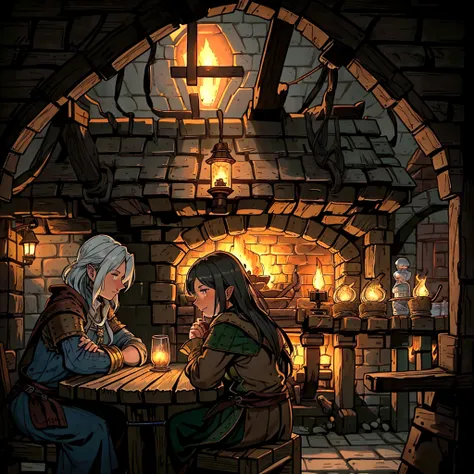 there are people sitting at a table in a tavern with a fire, dimly-lit cozy tavern, a multidimensional cozy tavern, fantasy tavern background, inside a tavern, in fantasy tavern near fireplace, dimly lit cozy tavern, taverns nighttime lifestyle, tavern bac...