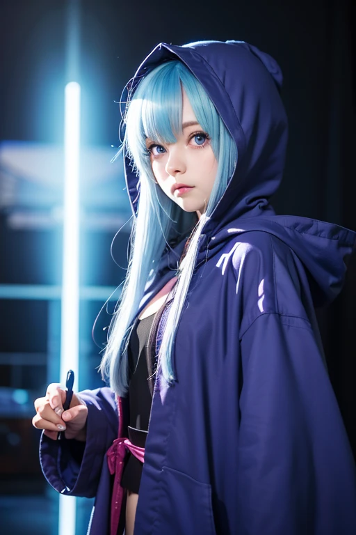 Anime illustration style, light blue hair, long hair, large eyes, small mouth, cute face, purple eyes, 16-year-old cute girl, very large bust, profession magician, navy blue hooded robe, no hood on, dark corridor style background, full body image using mag...