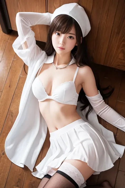 Highest quality, masterpiece, One girl, cute, A clean atmosphere, ferry, Long Hair, ferryBase, Knee socks, nakedの肩, jewelry, No sleeve, White Dress, Long black skirt, gloves,Swordsman , Cape, Wooden floor, White underwear, Shaved, The skirt is flipped up, ...