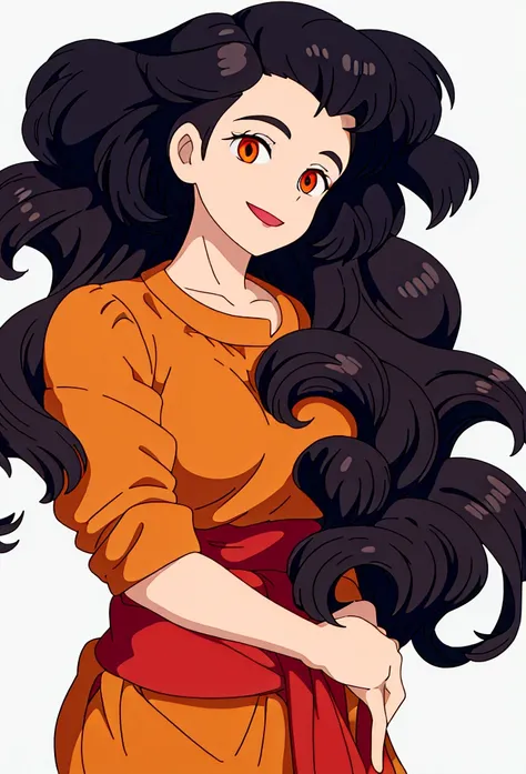 Cartoon adult man, black curly hair, hair cut on the sides, orange blouse, red eye color, with happy face smiling, from the waist up, simple white background