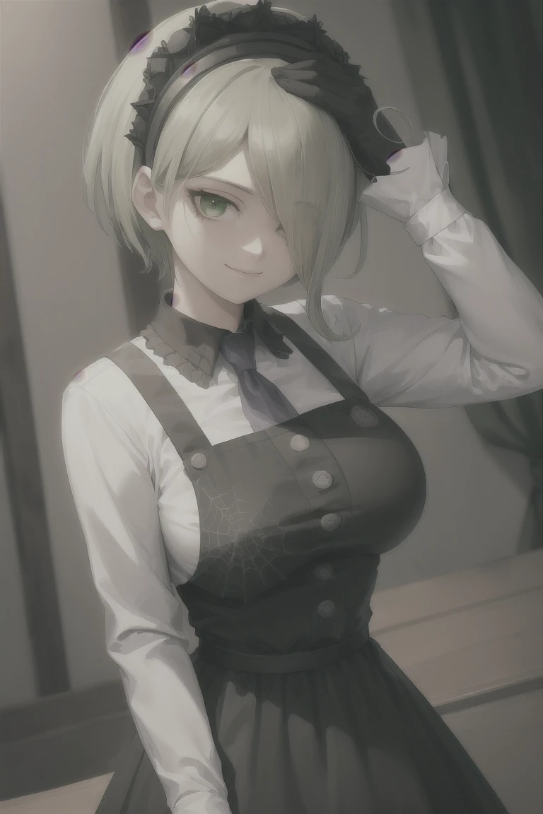 (highly detailed:1.3),
tkirumi, looking at viewer, smile, large breasts, long sleeves, white shirt, green hair, black gloves, ha...