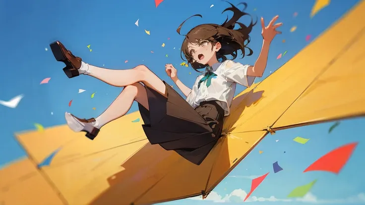 ((Highest quality)), ((masterpiece)), ((Very detailed)),Floatingする女の子,Angry expression，floating，Floating，Confetti，Brown Hair,tears,Levitating,Blue sky background,Feet in the air,tears,gravity,Long skirt,loafers,Raise both hands