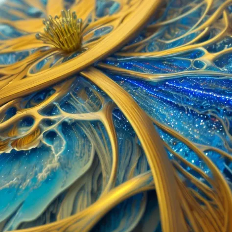 a glittering blue flower, chromed steel, titanium, vanadium and iron, dominant blue color tonality, growing on a fractal ground,...