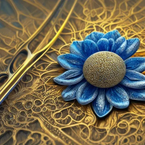 a glittering blue flower, chromed steel, titanium, vanadium and iron, dominant blue color tonality, growing on a fractal ground,...