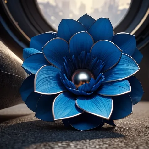 a glittering blue flower, chromed steel, titanium, vanadium and iron, dominant blue color tonality, growing on a fractal ground,...