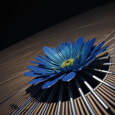 a glittering blue flower, chromed steel, titanium, vanadium and iron, dominant blue color tonality, growing on a fractal ground,...