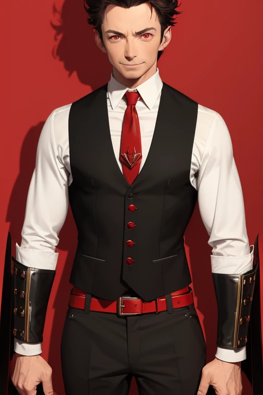 Hugh Jackman from Wolwerine 40 years old Black vampire short hair red vintage vest with black pointed ears red eyes black pants Stempunk Steampunk clothing black vintage decorations Steampunk holding a blood sword looking directly at the viewer red backgro...