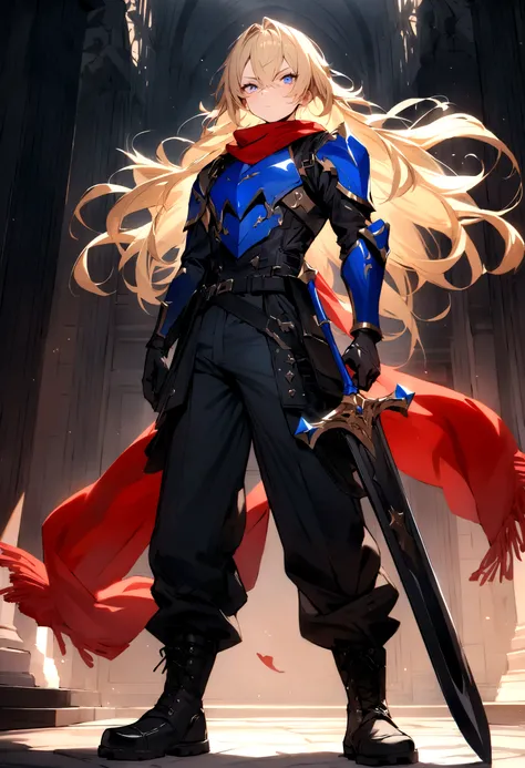 ((Best Quality)), ((Masterpiece)), (detailed),  Name: Kaiser genre: male height: 1.71 meters Hair Color: Light Blonde Hair Style: Something long, slightly messy Eye Color: Constitution Royal Blue: Athletic but not exaggerated clothing: black light armor + ...