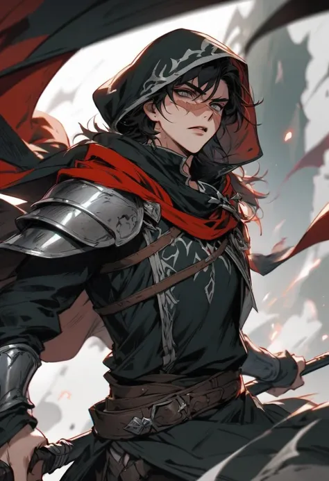 young man ,male dark, red & black colors, gray eye, rogue dnd, wear cape, hood, have scar