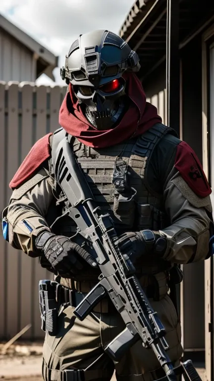 man strong, soldier. special forces, skull mask, dark red helmet and armor, light red uniform, army, holding gun, the death squa...