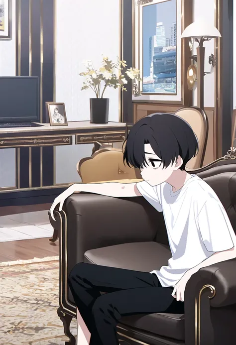 (One short boy,Black Hair,The hairstyle is short,Black Eye)Sit on a chair,White Shirt、Black trousers,The background is the living room