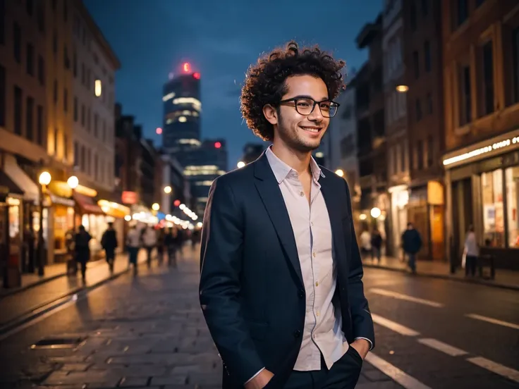 (best quality:1.2), masterpiece, Realistic, Ultra-high resolution, 1man, 26 years old, Curly hair, Wearing glasses, Walking with a smile, City at night